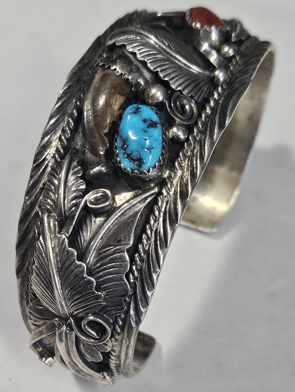 Vintage Handmade Sterling Silver Navajo Cuff Bracelet Turquoise Coral Stones - Picture 5 of 16